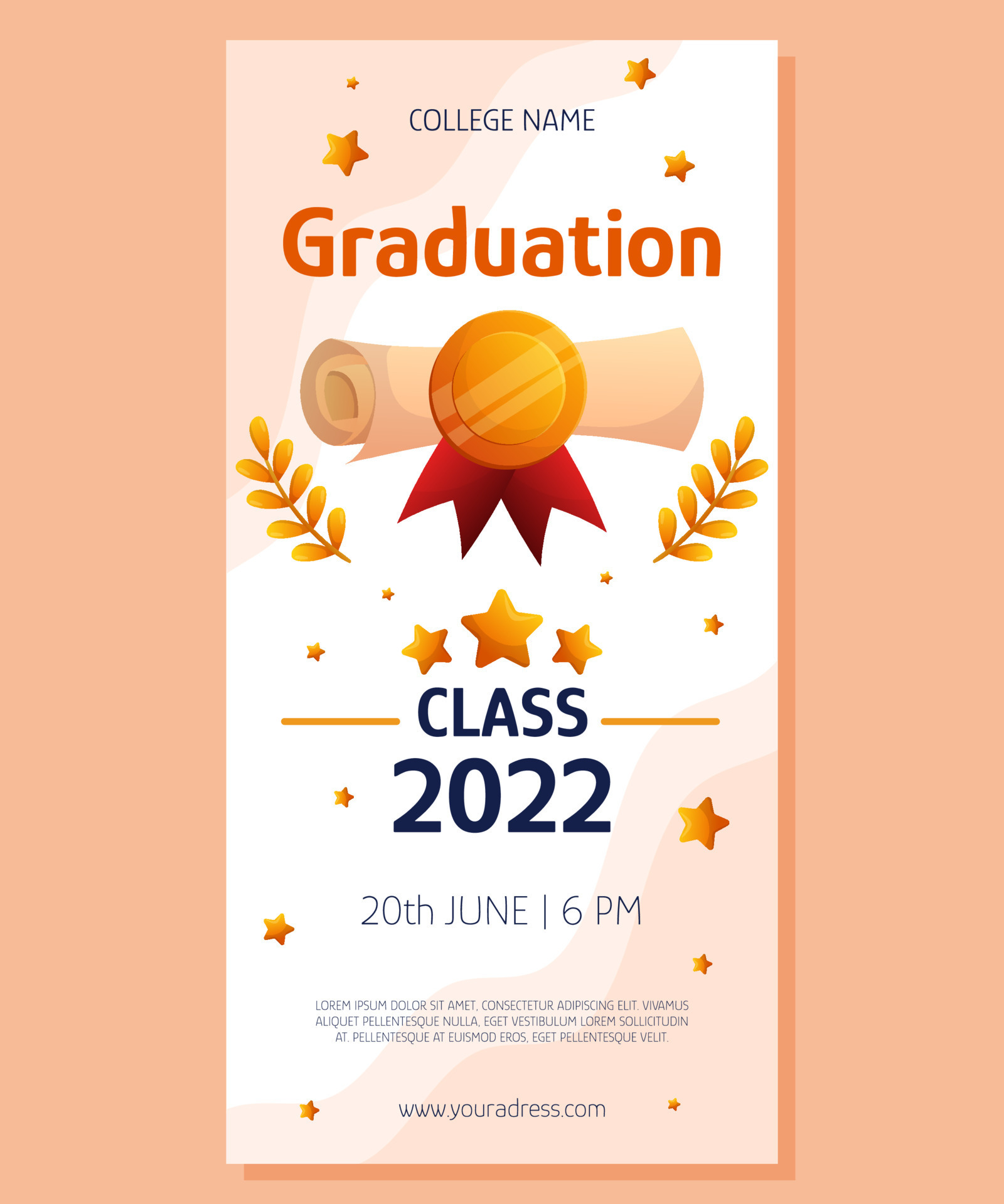 Graduation vertical banner with script, red ribbon and golden medal