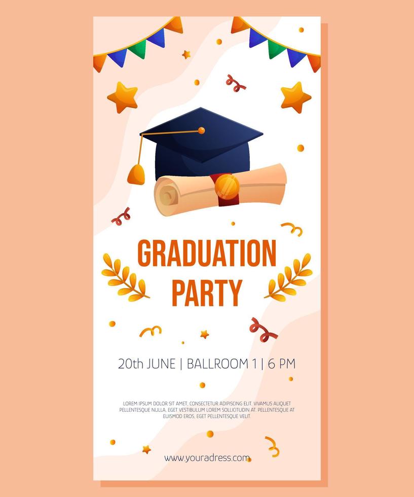 Graduation party vertical banner with garland, script and cap. Vector layout invitation template. Degree ceremony invite. Student greeting design.