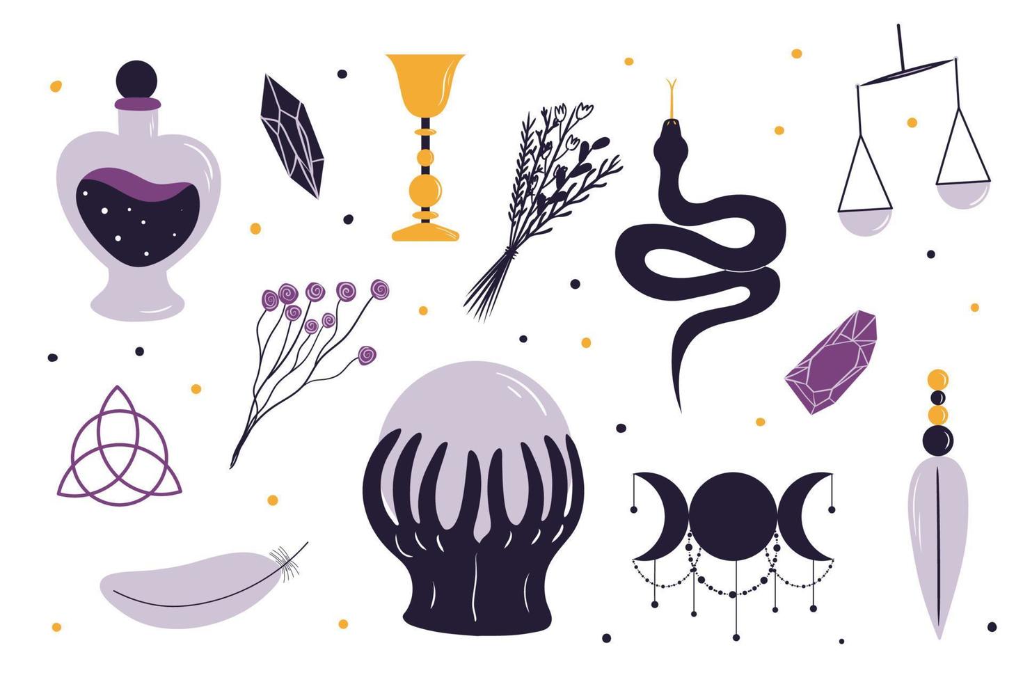 Set of witchcraft elements. Hand drawn collection in clean modern style. Wiccan themed illustrations, mysticism, spiritualism. Vol.3 vector