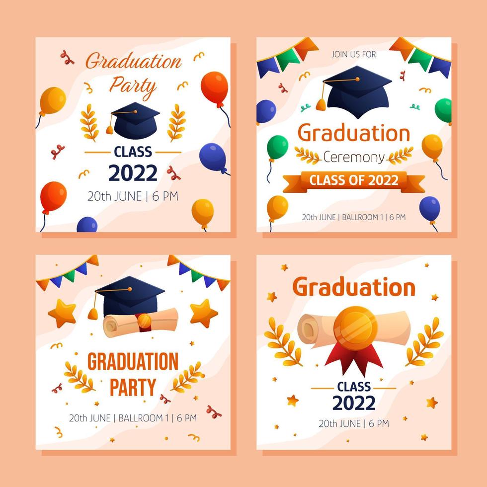 Graduation party and ceremony square social media template, set of four templates. Vector layout invitation template. Degree ceremony invite. Student greeting design.