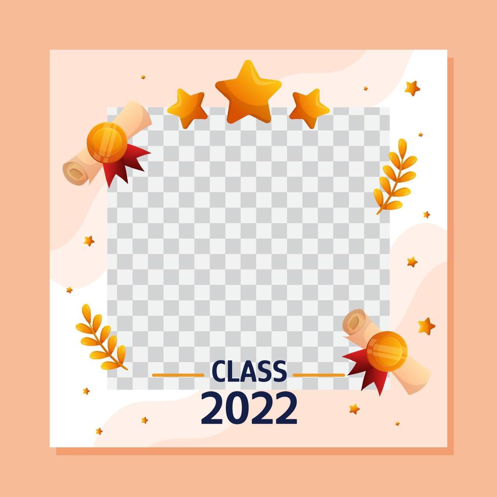 plantilla de redes sociales cuadrada de graduación con espacio vacío para la foto del estudiante. diseño de saludo de diseño vectorial con estrellas doradas, guiones con medalla y ramas. vector