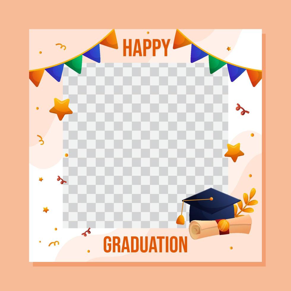 Graduation square social media template with empty space for student photo. Vector layout greeting design with Happy Graduation phrase, cap and scrip, colorful garlands.