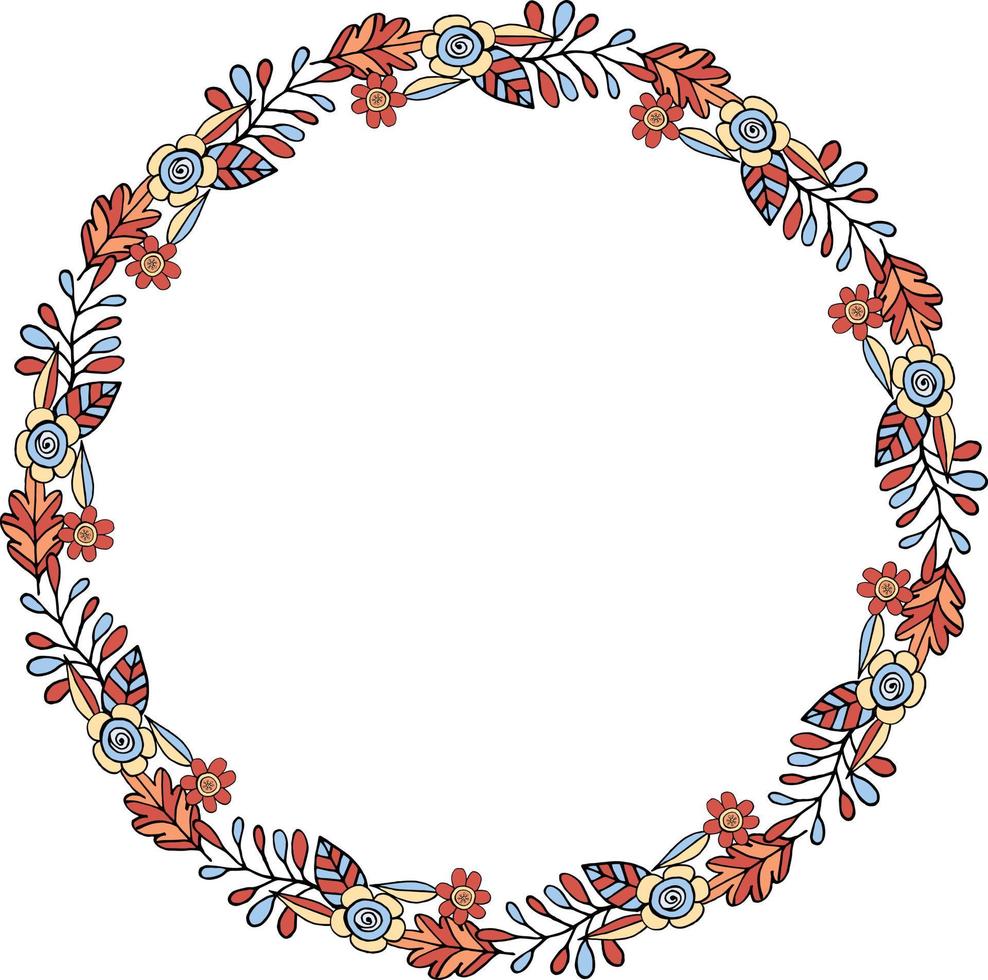Round frame with floral doodles. Floral wreath on white background. Festive floral circle for your design vector