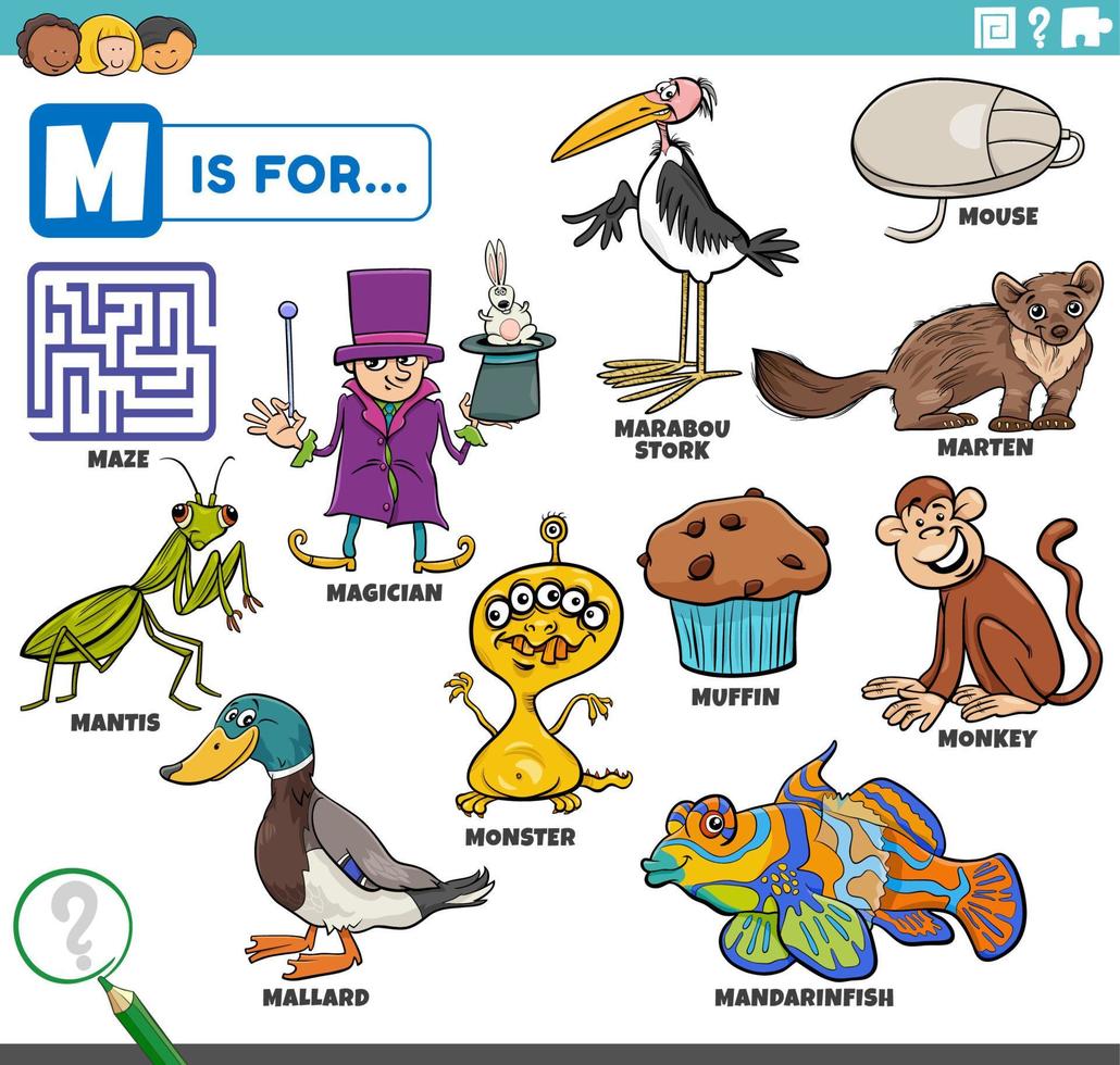 letter m words educational set with cartoon characters vector