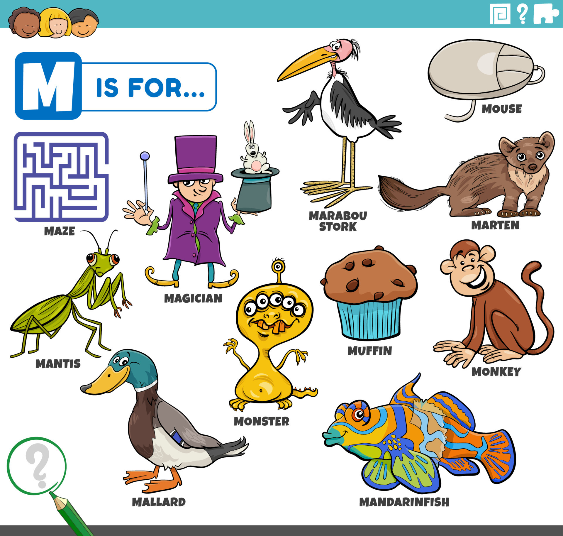 letter m words educational set with cartoon characters 7456123 Vector