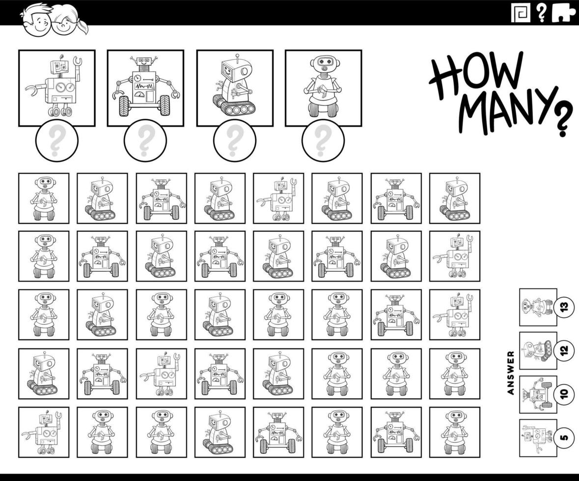 how many cartoon robots counting game coloring book page vector