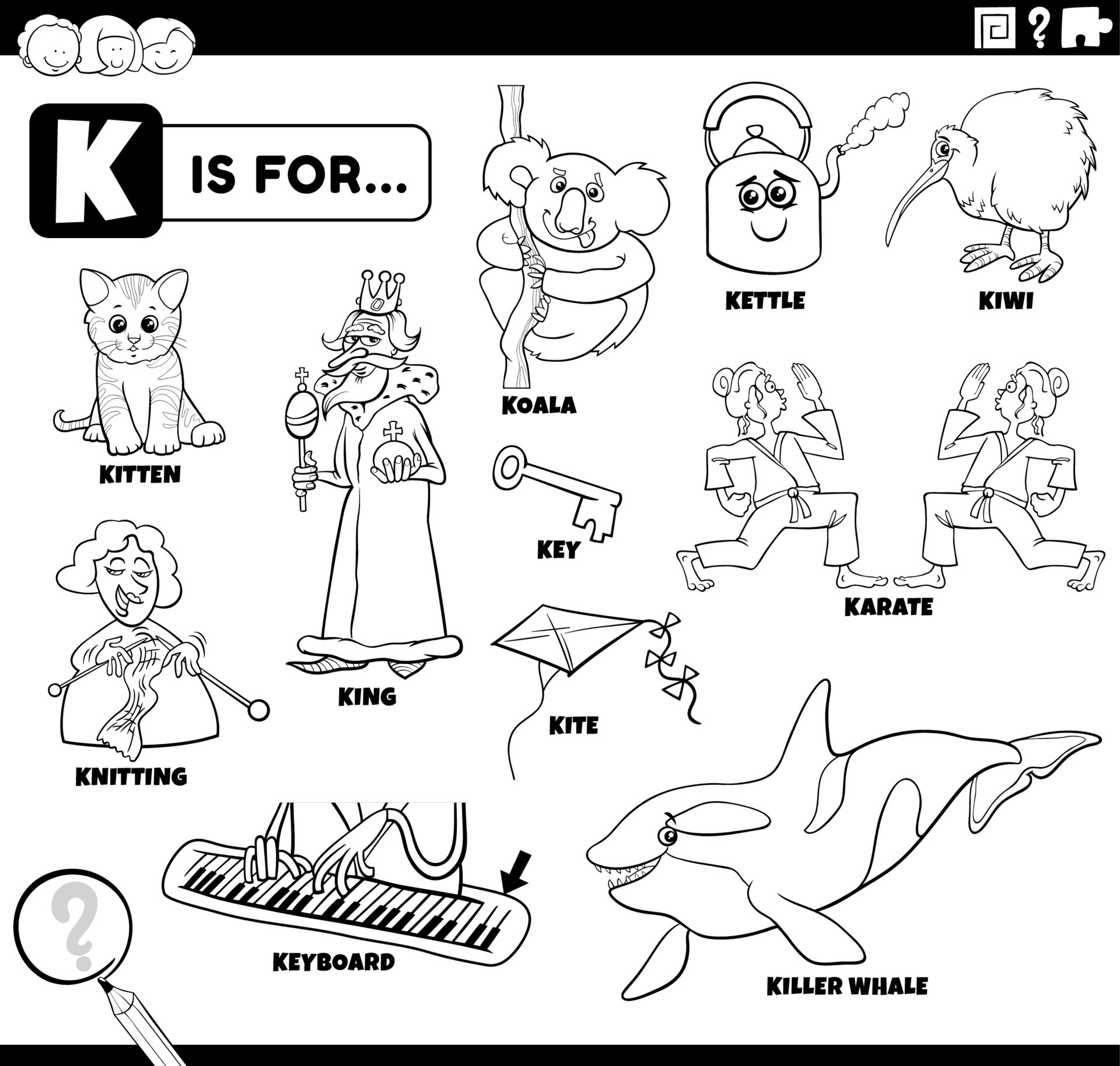 Letter K Words Educational Set Coloring Book Page 7456136 Vector Art At 