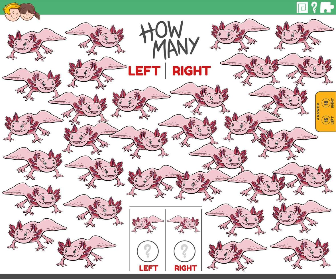 counting left and right pictures of cartoon axolotl animal vector