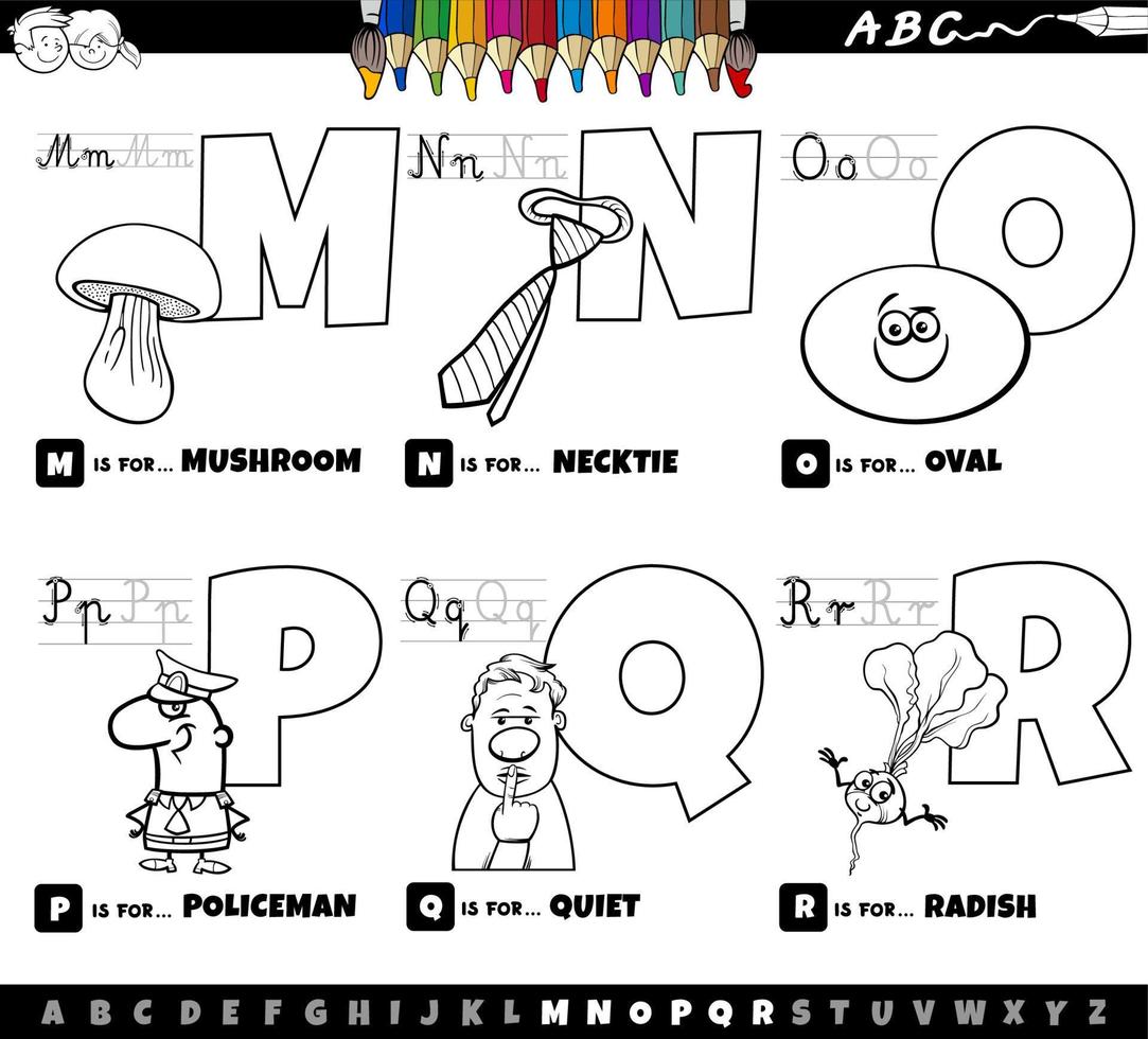 educational alphabet letters cartoon set from M to R coloring book page vector