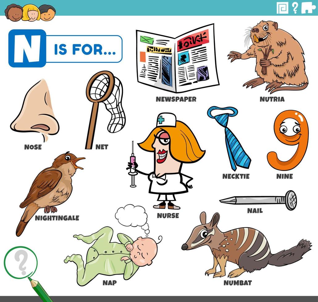 letter n words educational set with cartoon characters 7456141 Vector ...