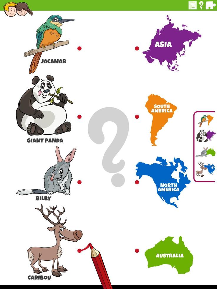 match cartoon animal species and continents educational task vector