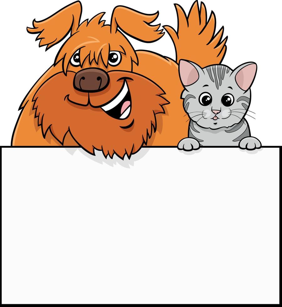 gato y perro de dibujos animados con diseño gráfico de singboard en blanco vector