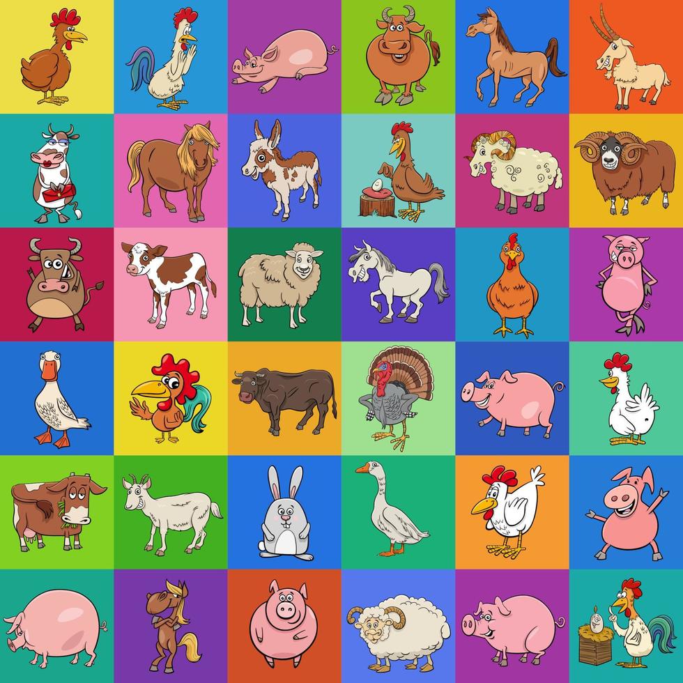 diseño de fondo con divertidos personajes de animales de granja de dibujos animados vector