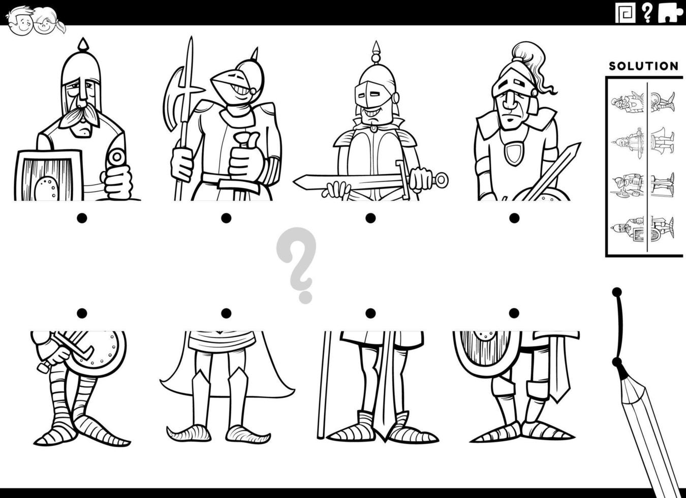 match halves of cartoon knights pictures task coloring book page vector