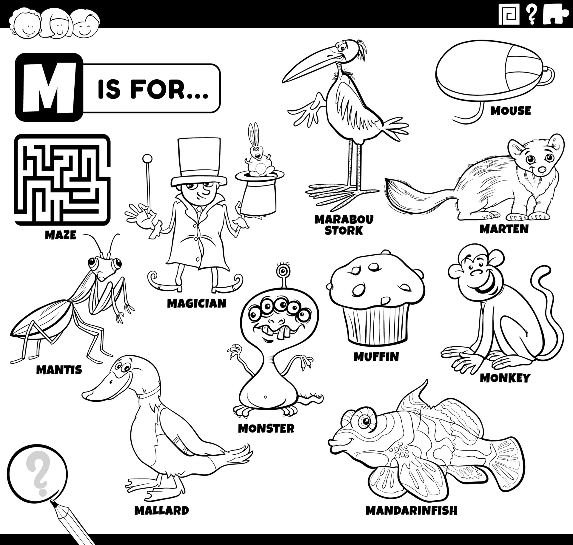 letter m words educational set coloring book page 7456178 Vector Art at