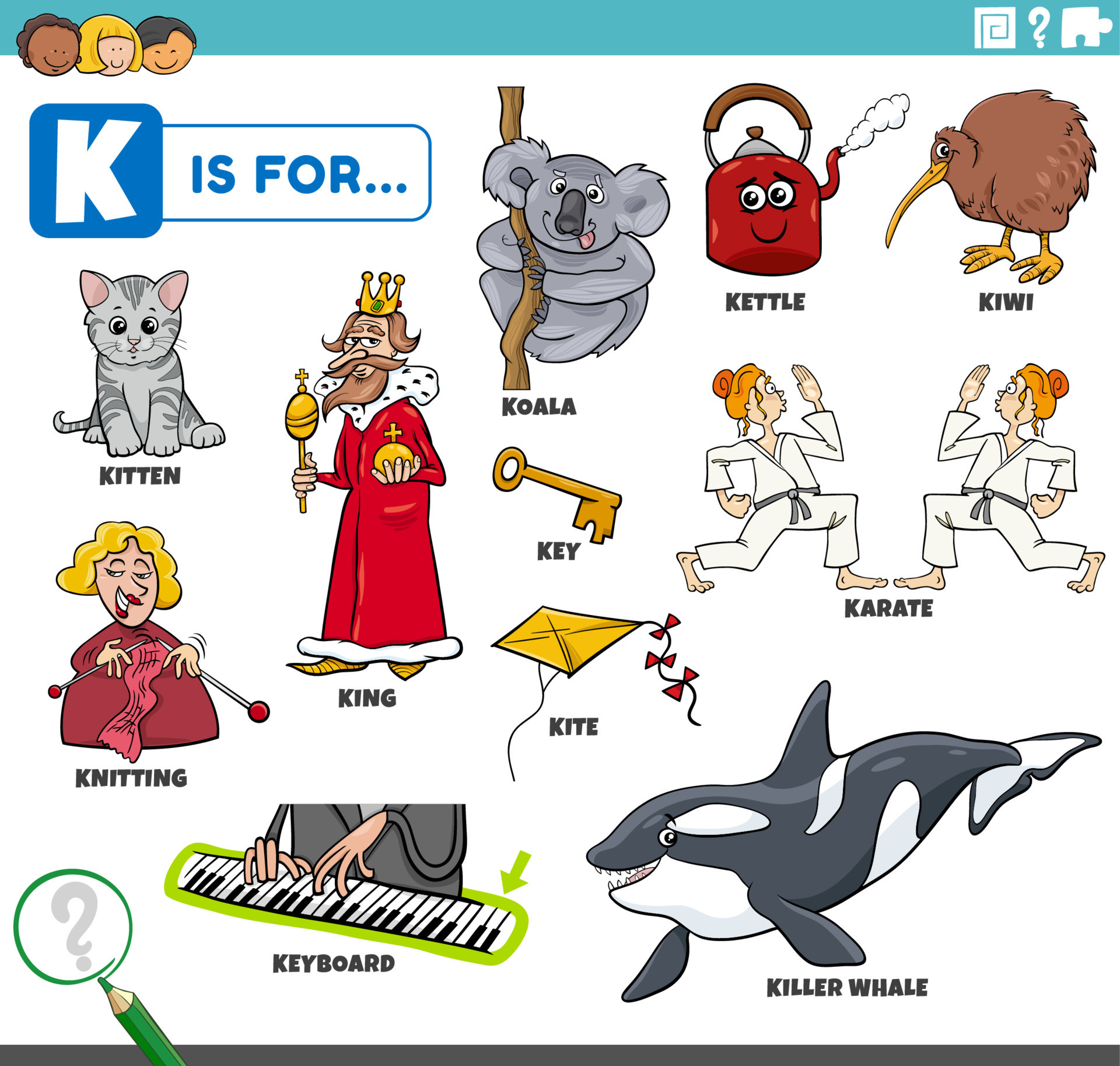 letra k palabras conjunto educativo con personajes de dibujos animados  7456184 Vector en Vecteezy