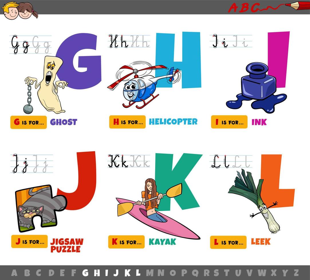 letras del alfabeto de dibujos animados educativos para niños de g a l vector
