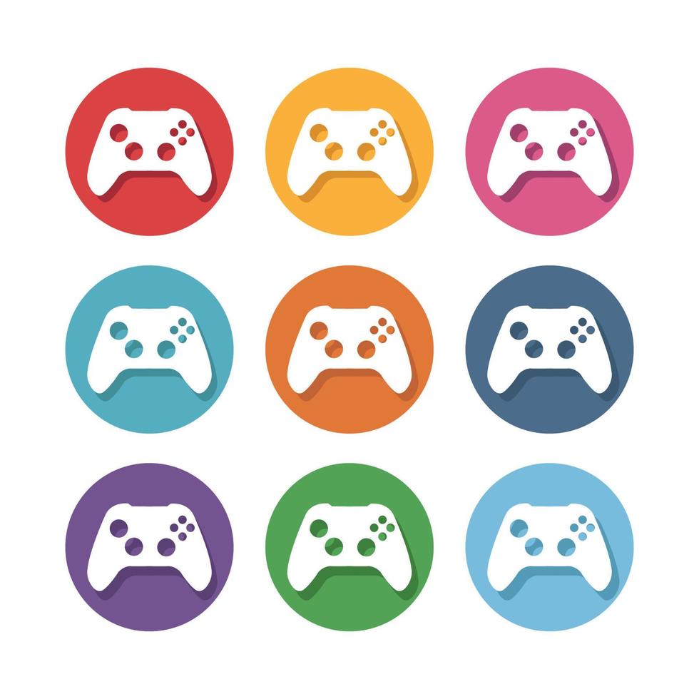 icono de signo de joystick con botones redondos de colores. conjunto de iconos de círculo de diseño plano vector