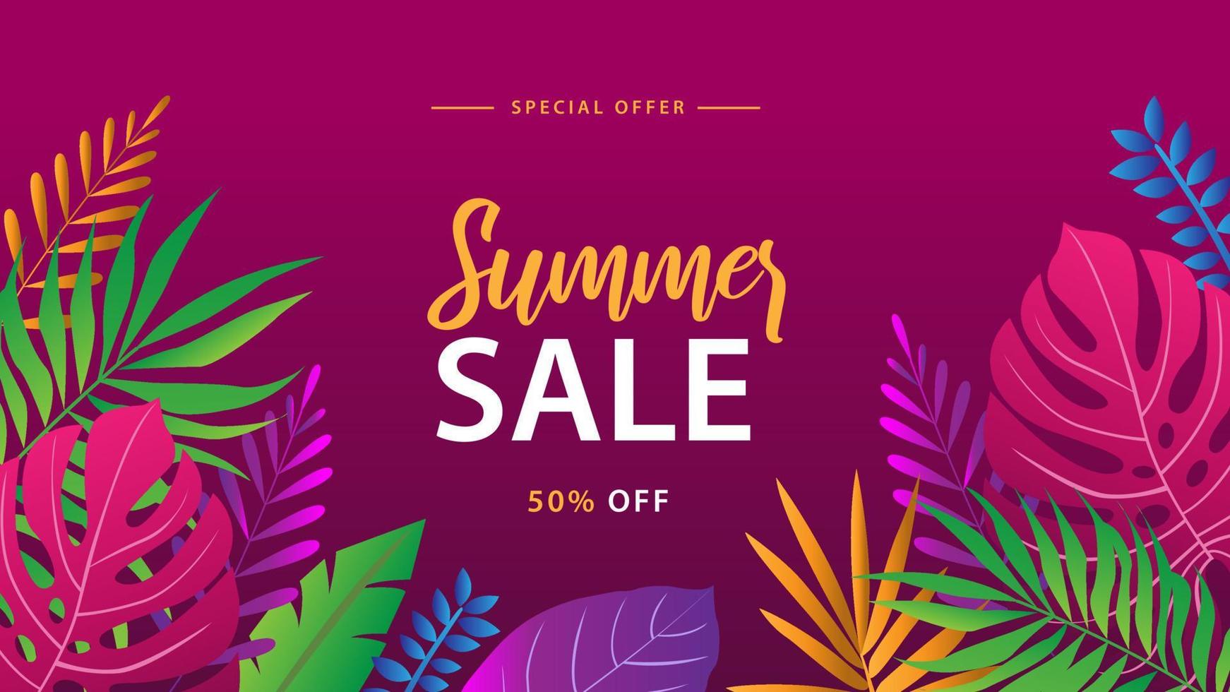 Summer sale banner with leafs on a magenta beckground. Banner for promotion, magazine, advertising. vector