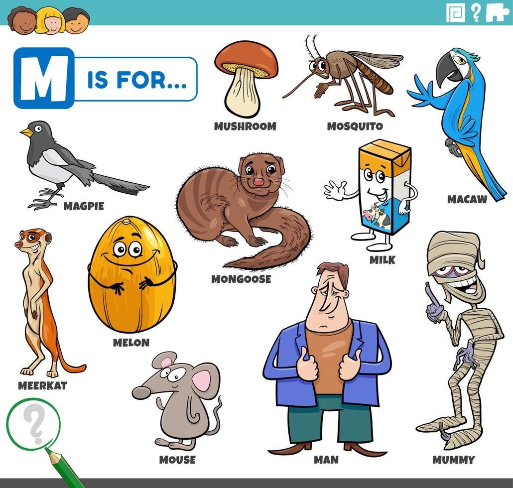 letter m words educational set with cartoon characters vector