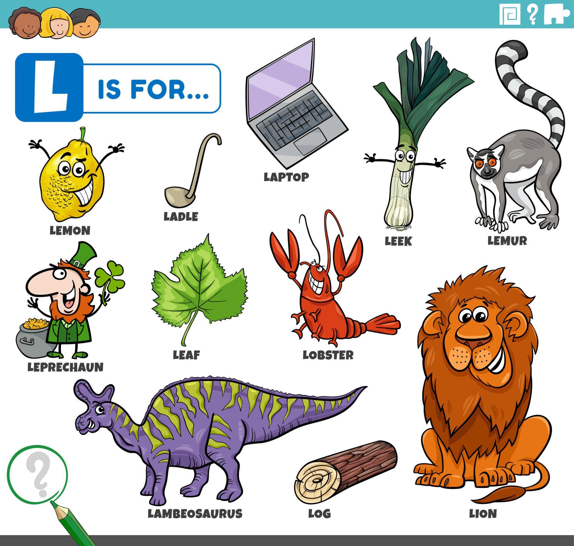 letter l words educational set with cartoon characters 7456269 Vector
