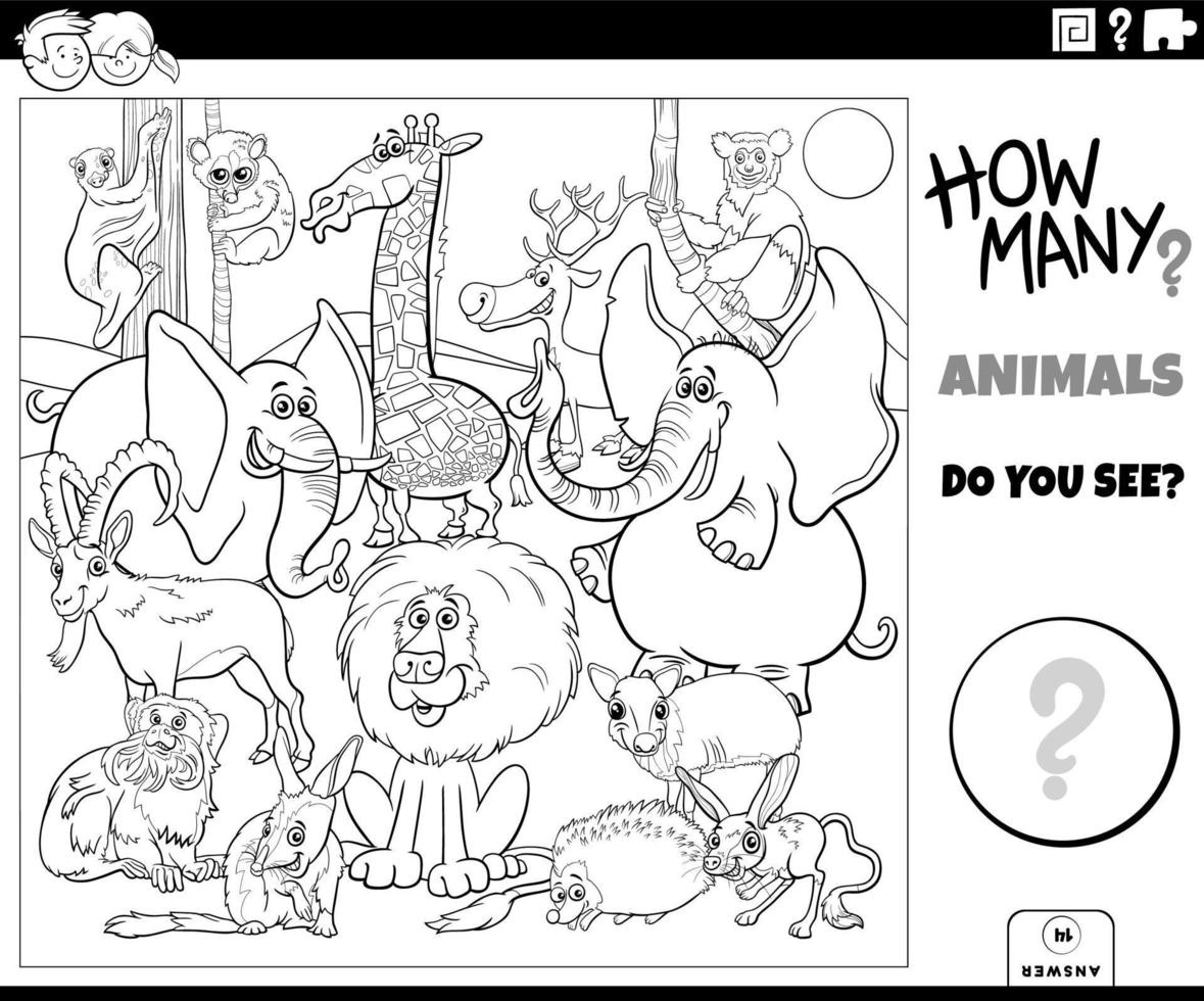 contando animales de dibujos animados juego educativo libro para colorear página vector