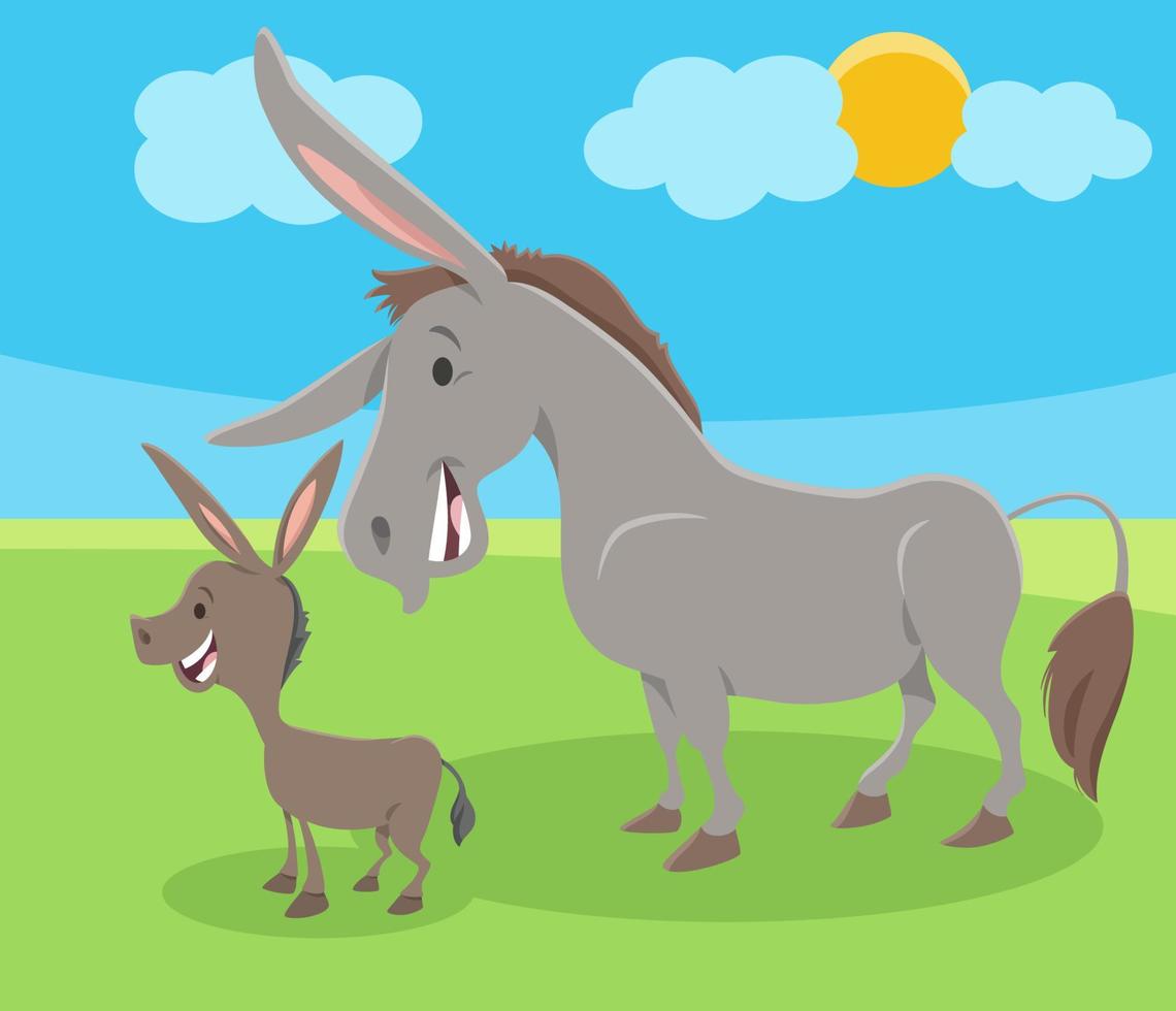 funny cartoon donkey farm animal character with foal vector