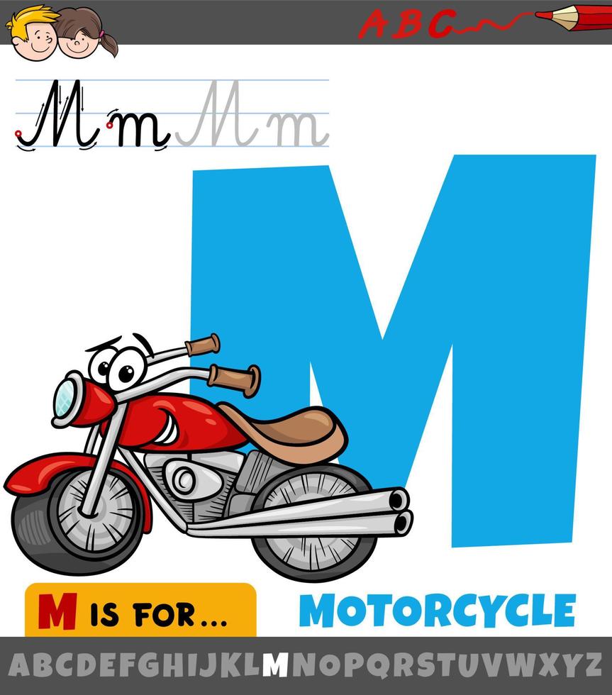 letter M from alphabet with cartoon motorcycle character vector