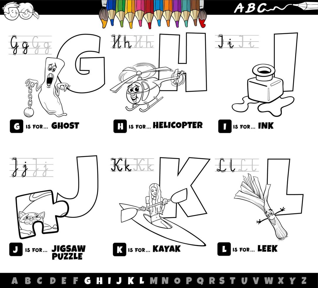 Letras del alfabeto de dibujos animados educativos establecidos de la g a la l página del libro de color vector