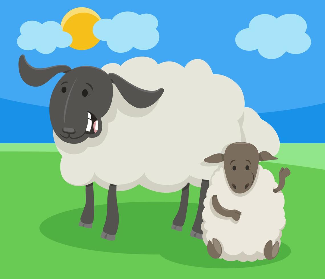 divertido personaje de dibujos animados de animales de granja de ovejas con corderito vector