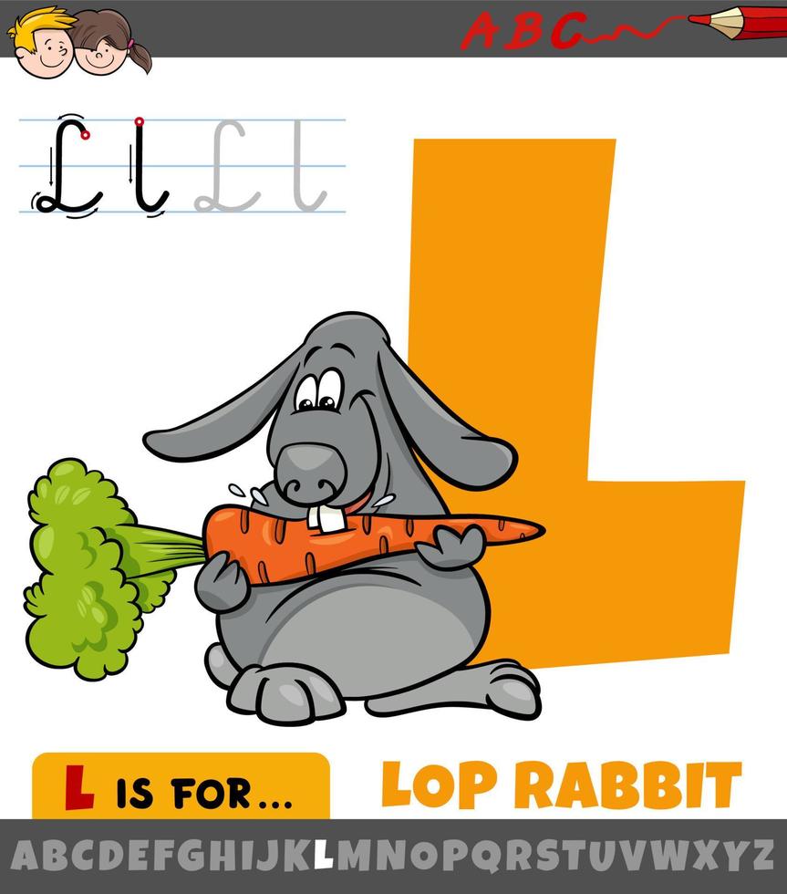 letter L from alphabet with cartoon lop rabbit animal character vector
