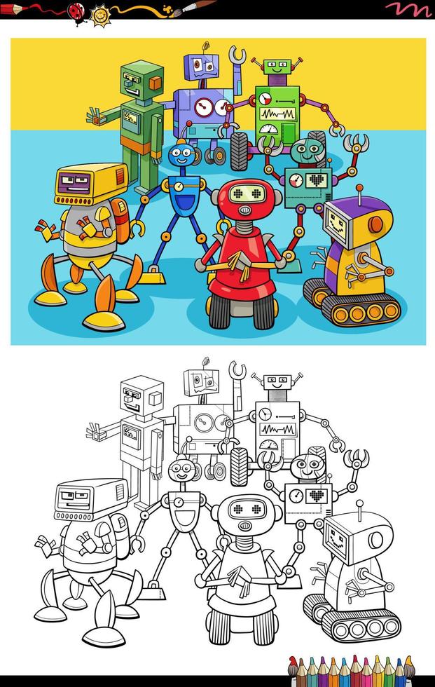 cartoon robot characters group coloring book page vector