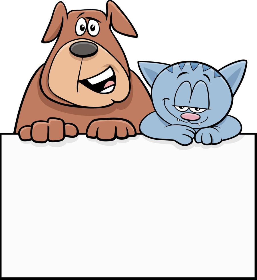 gato y perro de dibujos animados con diseño gráfico de tarjeta en blanco vector