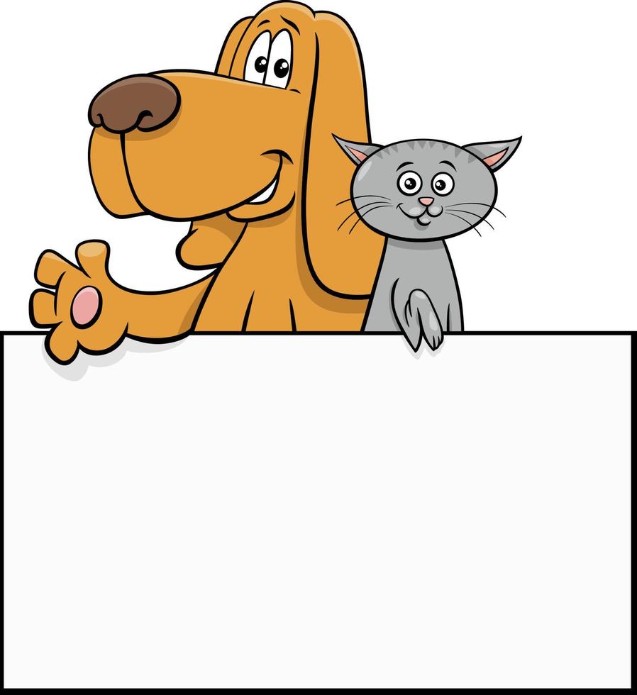 perro y gato de dibujos animados con diseño gráfico de tarjeta blanca vector