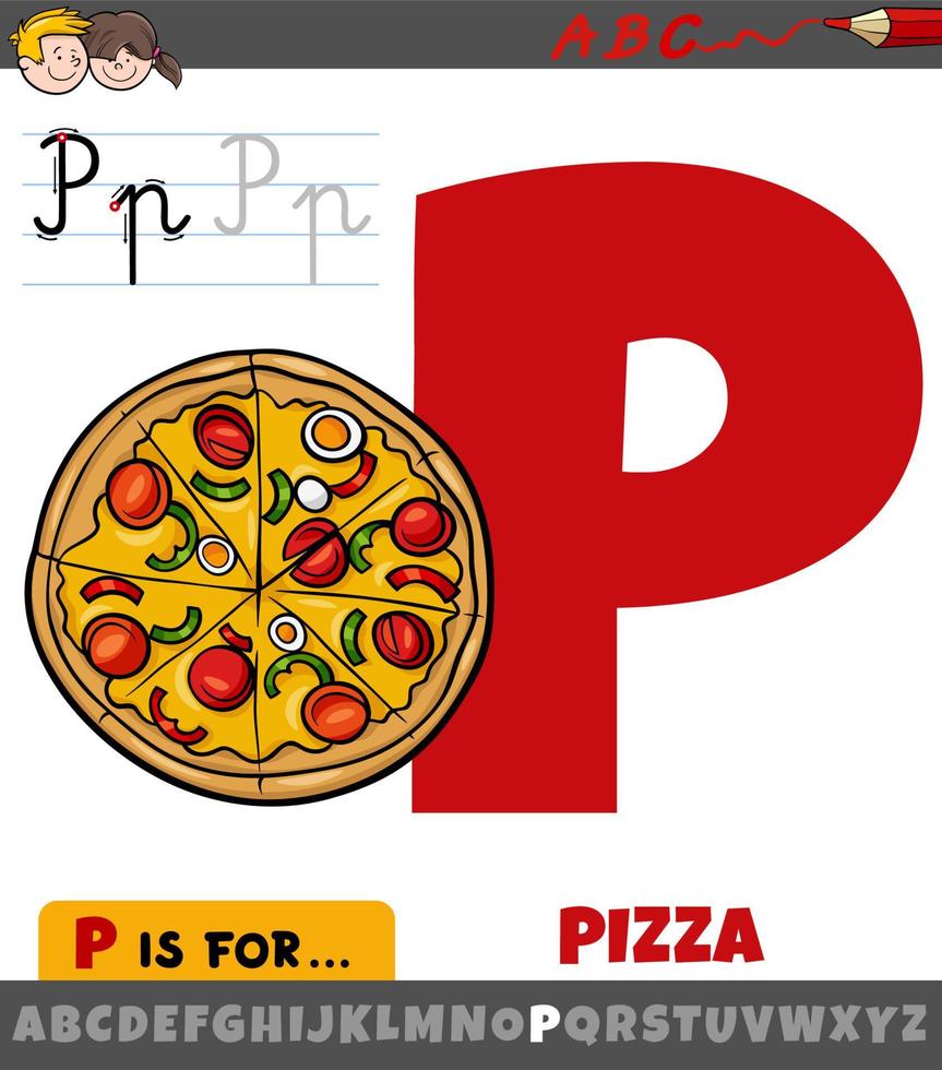 letter P from alphabet with cartoon pizza food object vector