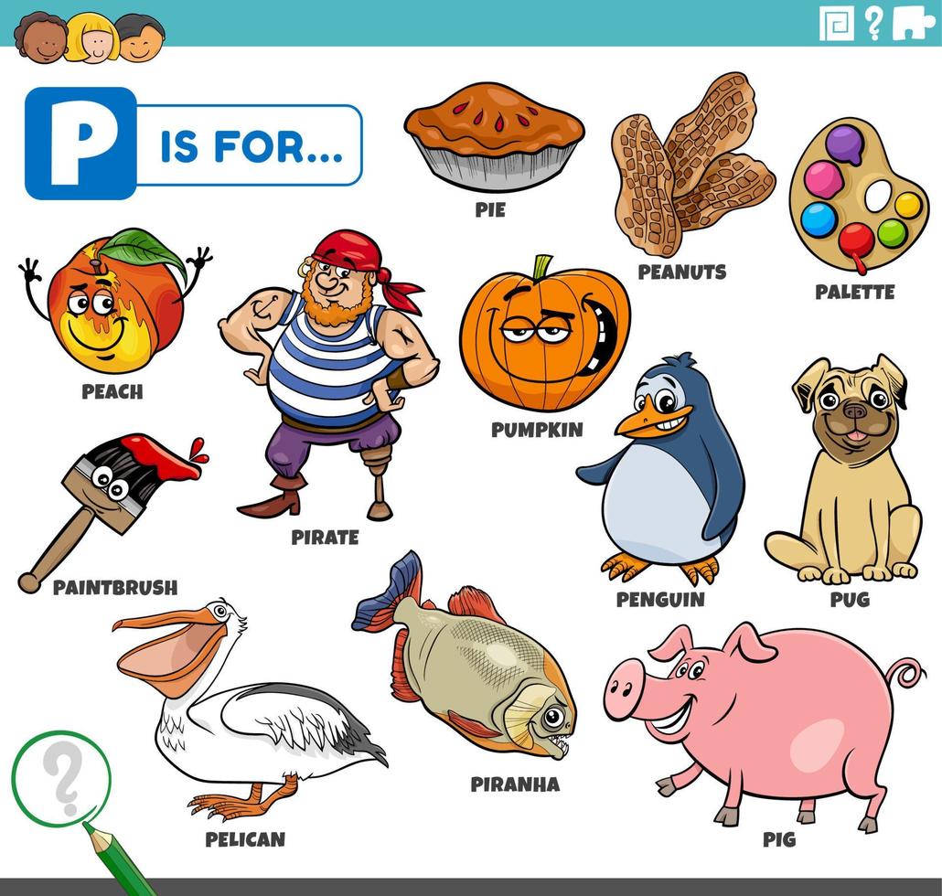 letter p words educational set with cartoon characters 7456302 ...