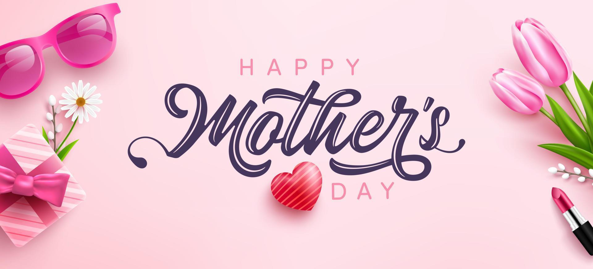 Mother's Day Poster or banner with sweet hearts,flower and pink gift box on pink background.Promotion and shopping template or background for Love and Mother's day concept.Vector illustration eps 10 vector