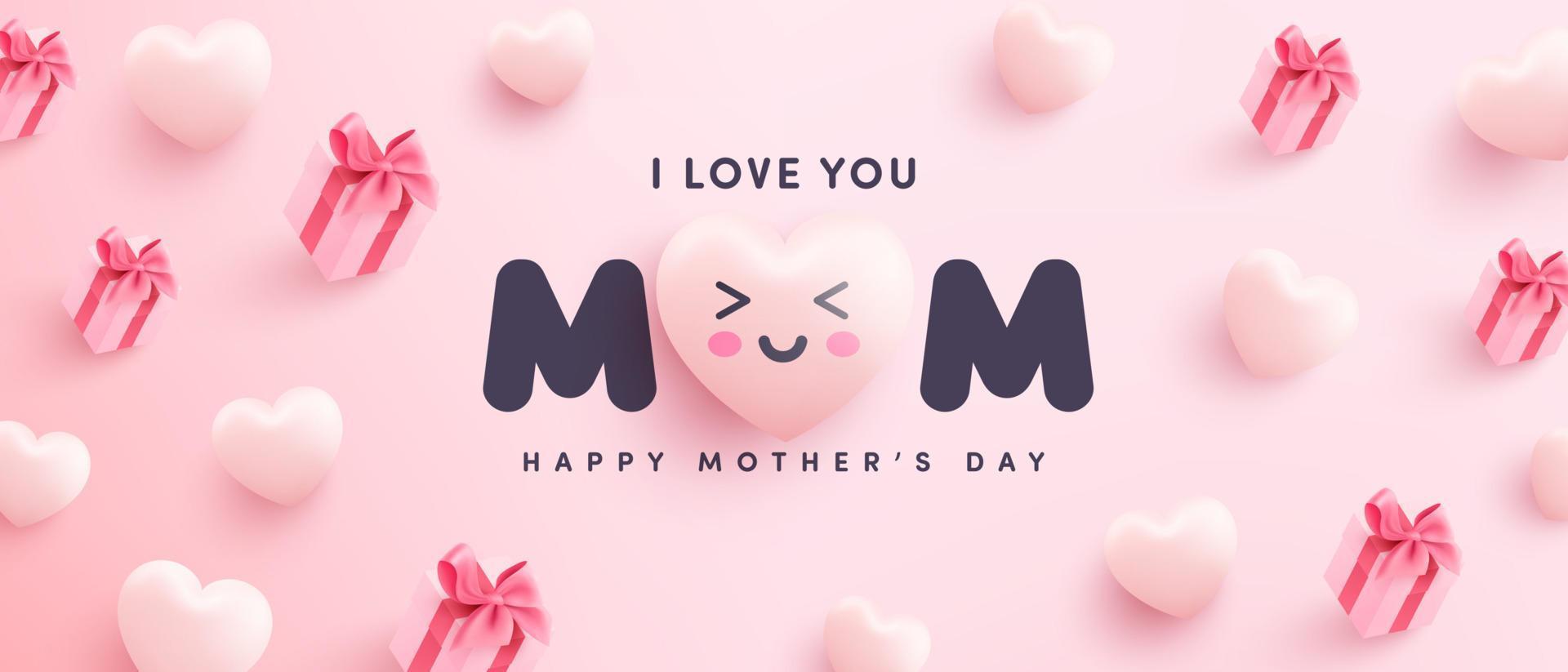 Mother's Day Poster or banner with sweet hearts and gift box on pink background.Promotion and shopping template or background for Love and Mother's day concept.Vector illustration eps 10 vector