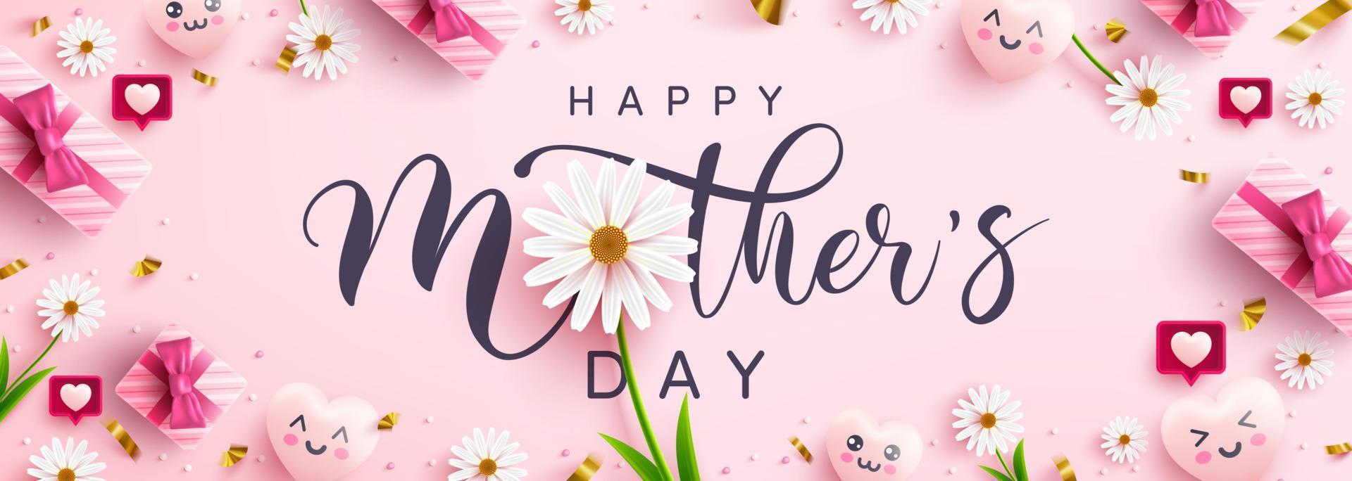 Mother's Day Poster or banner with sweet hearts,flower and pink gift box on pink background.Promotion and shopping template or background for Love and Mother's day concept.Vector illustration eps 10 vector