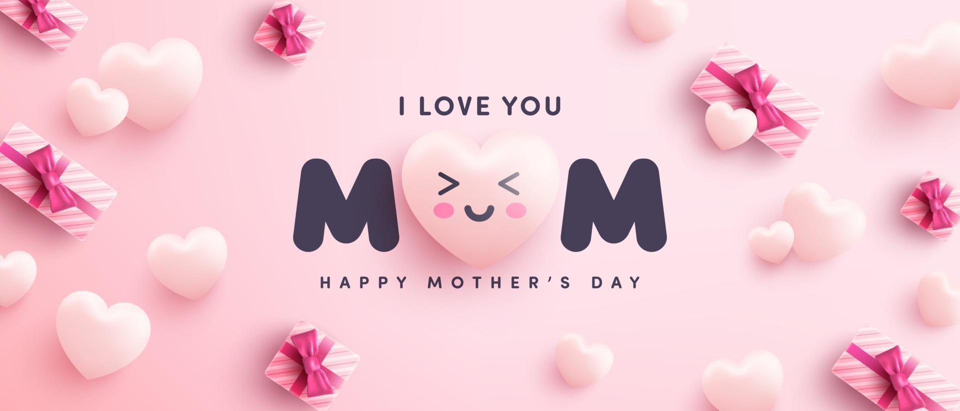 Mother's Day Poster or banner with sweet hearts and gift box on pink background.Promotion and shopping template or background for Love and Mother's day concept.Vector illustration eps 10 vector
