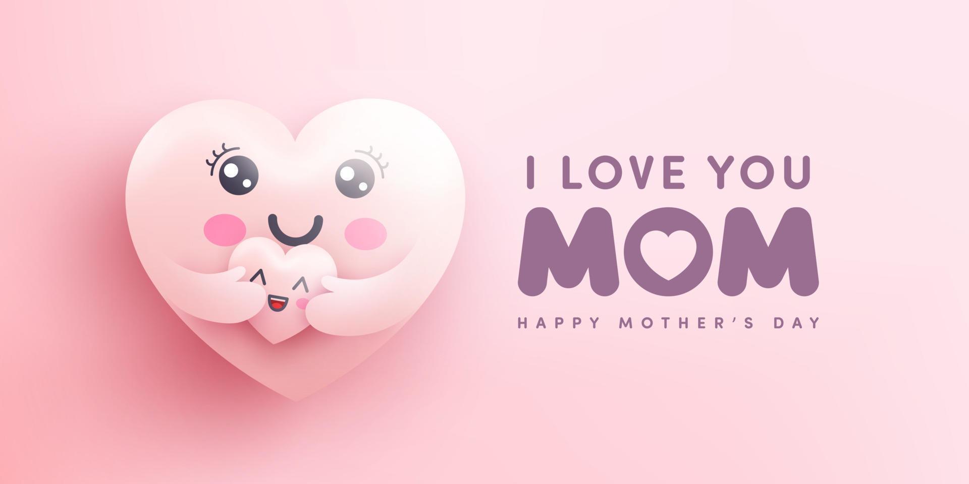 banner del día de la madre con emoji de corazón moter abrazando el corazón del bebé sobre fondo rosa. promoción y plantilla de compras o fondo para el amor y el concepto del día de la madre. ilustración vectorial eps 10 vector