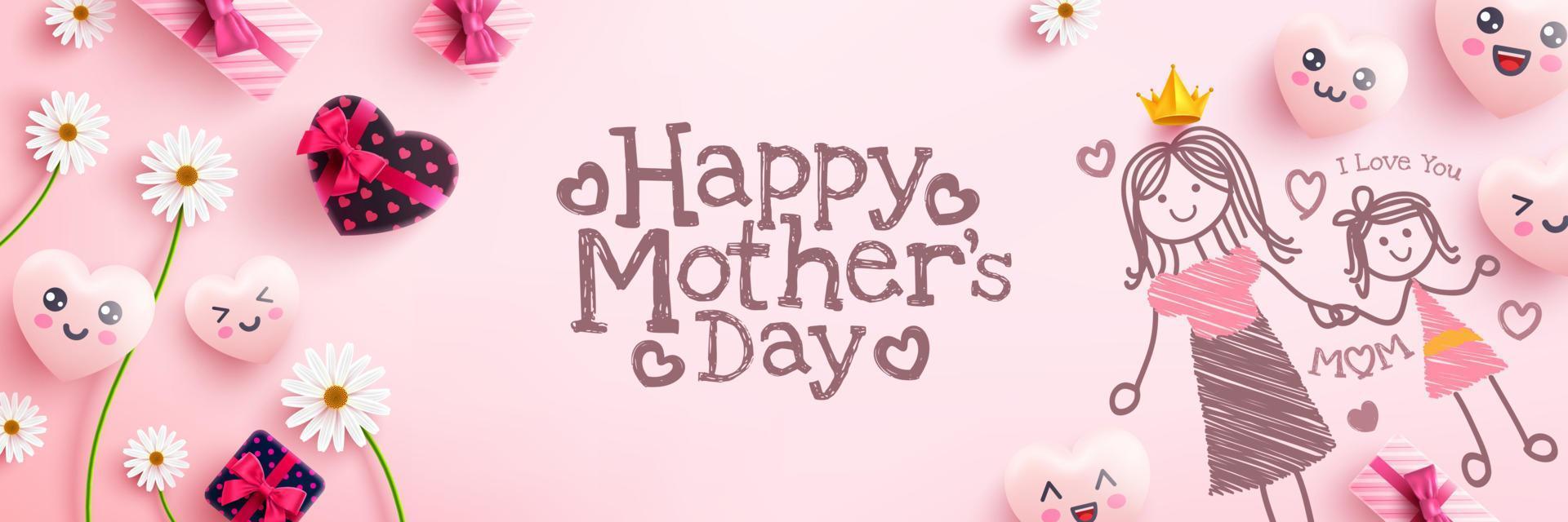 Mother's Day Poster with gift box, cute hearts and cartoon emoticon painting on pink background.Promotion and shopping template or background for Love and Mother's day concept vector