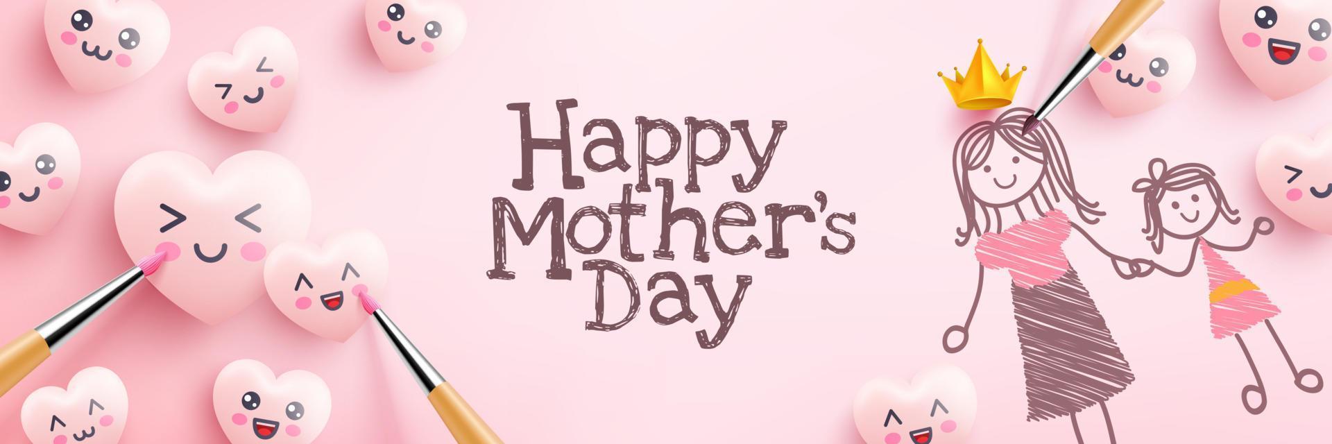 Mother's Day Poster with cute hearts and cartoon emoticon painting on pink background.Promotion and shopping template or background for Love and Mother's day concept.Vector illustration eps 10 vector