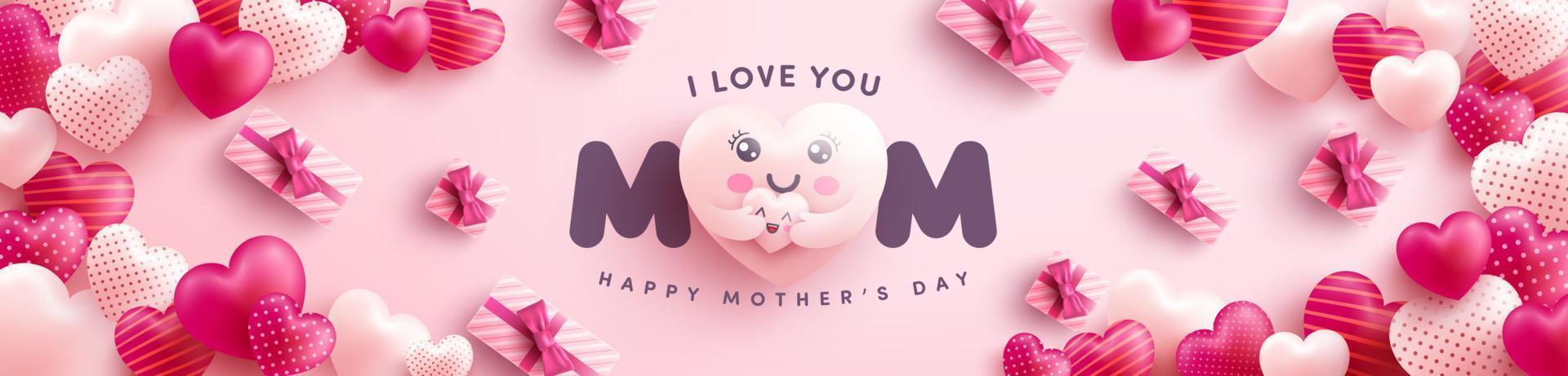 Mother's Day banner with Moter heart emoji hugging baby heart and gift box on pink background.Promotion and shopping template or background for Love and Mother's day concept.Vector illustration eps 10 vector