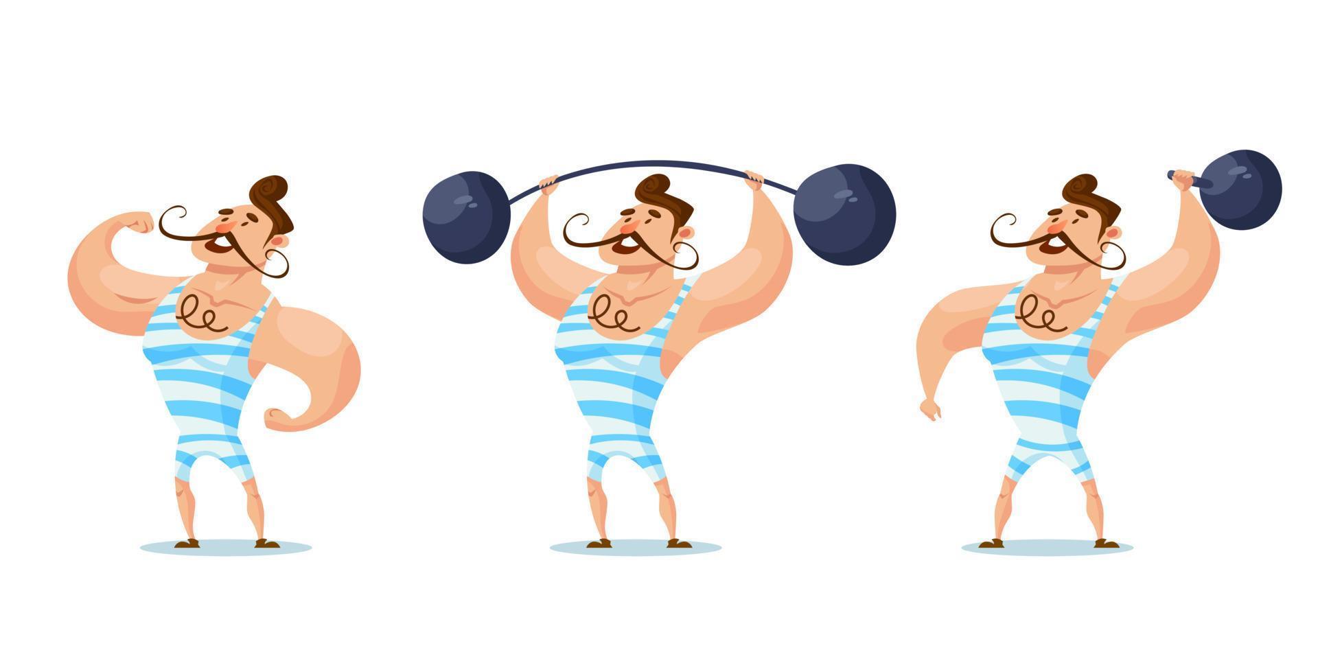 Circus strongman in different poses. vector
