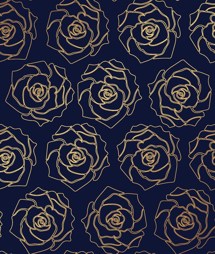 Roses seamless pattern. Gold outline roses on a dark blue background. Hand drawn vector illustration for design, textile, fabric, decor, wrapping paper, covers, web background etc.