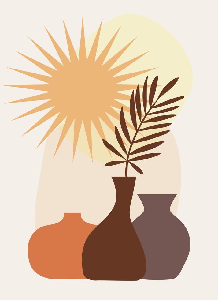 Abstract botanical wall art. palm leaf in vases. on the background of the rising sun and simple geometric shapes vector