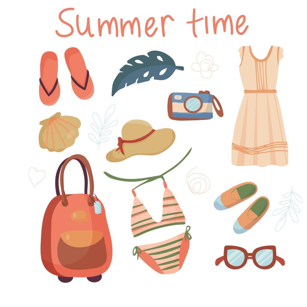 Summer Clothing Set. Beach Accessories. Vector items and things for vacation and travel, planning fashionable outfits and sets