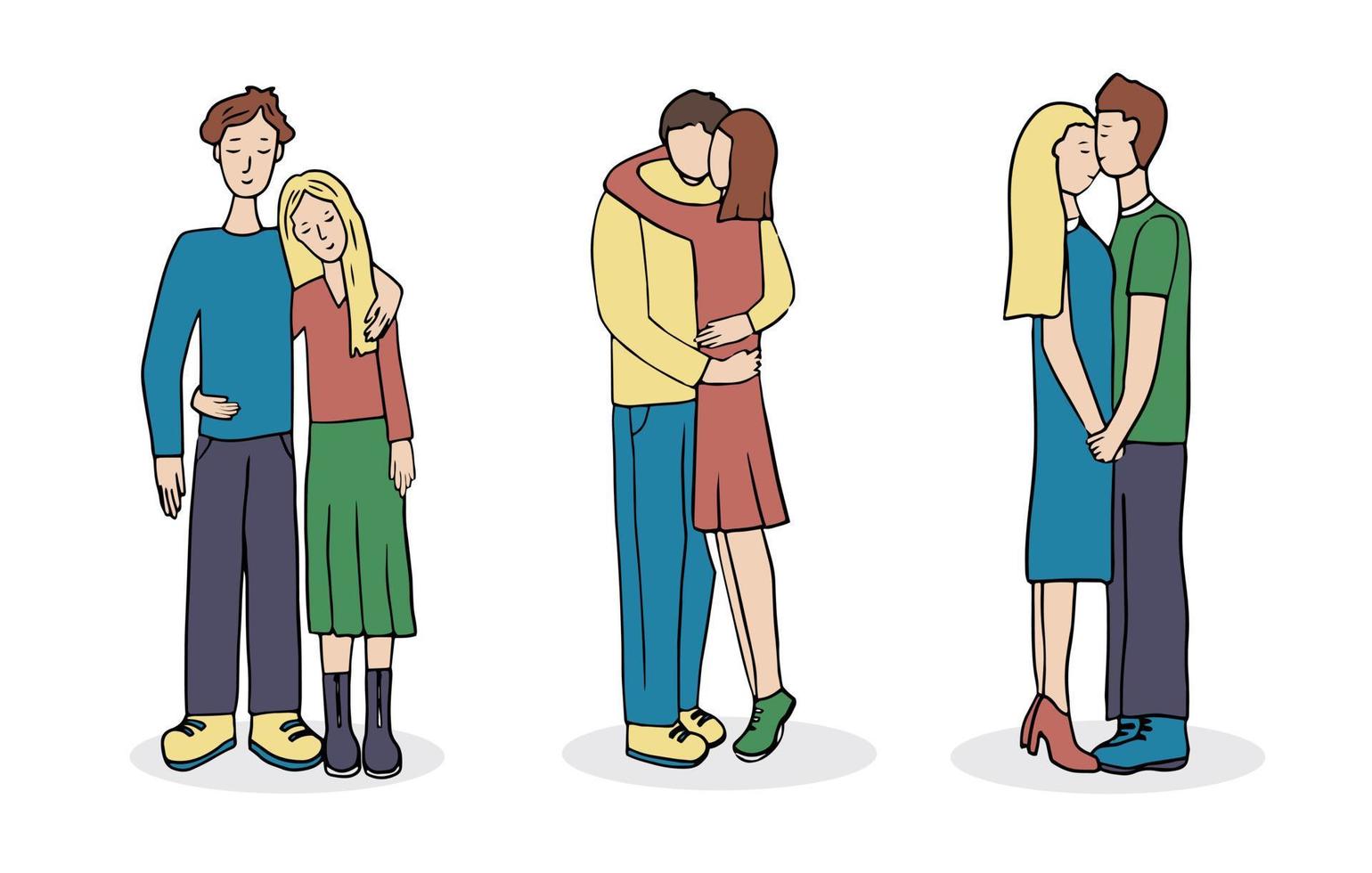 Romantic couples. A set of cute vector characters. Young guy and girl in love and hugging. A scene of tenderness and display of feelings