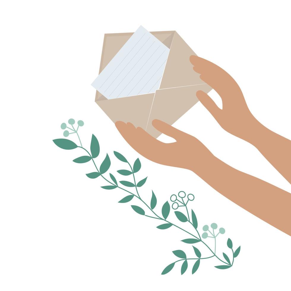 Envelope in hand. Inside is a letter, a branch with leaves. A symbol with a message about the beginning of spring, vector